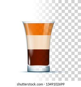 B-52 Shot Cocktail Served In The Slightly Glass With Yellow Straw, Orange And Ice Cubes. Front View. 3d Photo Realistic Vector Illustration Isolated On Transparent Background