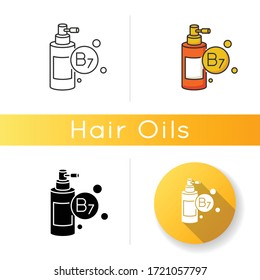 B7 biotin in liquid form icon. Mist and spray in bottle container for haircare. Chemical cosmetic product for hair treatment. Linear black and RGB color styles. Isolated vector illustrations
