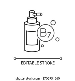 B7 biotina en forma líquida píxel perfecto icono lineal. Puño y spray para el cuidado del pelo. Ilustración personalizable en línea delgada. Símbolo de contorno. Dibujo de contorno aislado del vector. Trazo editable