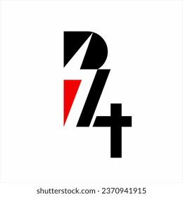 B74 logo design with thunderbolt and cross. Illustration of the abstract letter B with a cross and the number 7 and lightning symbol in the negative space.