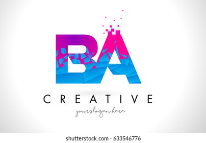 BA B A Letter Logo with Broken Shattered Blue Pink Triangles Texture Design Vector Illustration.