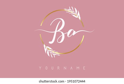 BA b a Letters logo design with golden circle and white leaves on branches around. Vector Illustration with B and A letters for personal branding, business, eco friendly or natural products. 