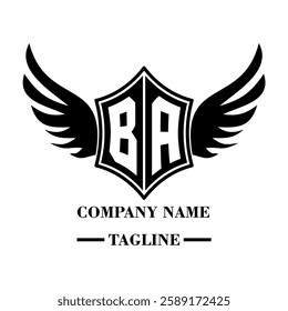 BA A bold winged shield emblem with customizable initials A-Z. Sleek black-and-white vector, perfect for branding, sports teams, motorcycle clubs, gaming,apparel and High-quality
