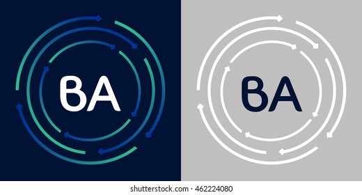 BA design template elements in abstract background logo, design identity in circle, letters business logo icon, blue/green alphabet letters, simplicity graphics