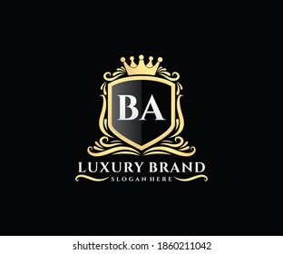 BA Initial Letter Gold calligraphic feminine floral hand drawn heraldic monogram antique vintage style luxury logo design.