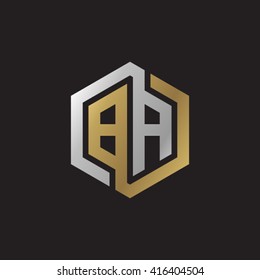 BA initial letters loop linked hexagon elegant logo golden silver black background