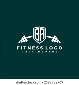 BA initial monogram for fitnes or gym logo with creative shield and barbell design