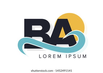 BA letter logo with ocean waves and sunset. Beach concept design