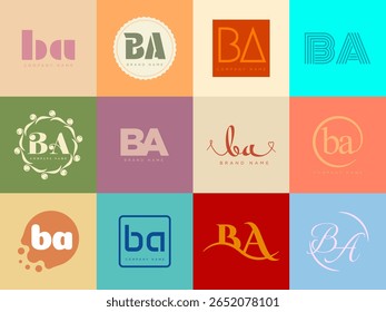 Modelo da empresa de logotipo BA. Letra b e logótipo. Defina diferentes letras serifas clássicas e texto em negrito moderno com elementos de design. Tipografia inicial da fonte. Coleção de identidade de negócios na moda.