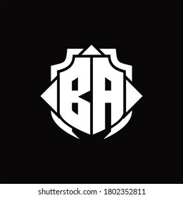 BA logo monogram with shield line and 3 arrows shape design template on black background