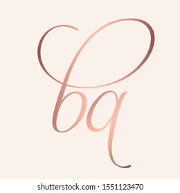 BA monogram logo.Signature style typographic icon with script letter b and letter a.Rose gold lettering sign isolated on light fund.Lowercase calligraphic alphabet initials.Decorative,elegant style.