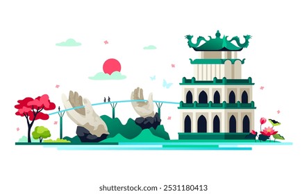 Ba Na Hills and Lake of the Returned Sword - colored vector illustration with Golden Bridge in Vietnam stone-handed statues and Hanoi ancient asian temple on the island surrounded by nature