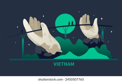 Ba Na Hills at night - modern colored vector illustration with sights of Vietnam on the background of the full moon. Stone hands holding the bridge, surrounded by the greenery of nature and mountains