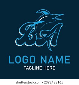 BA shark logo design vector. Cartoon shark mascot on navy background. 
Shark esport mascot logo design. Editable letter shark logo design for company