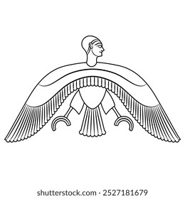 Ba soul. Ancient Egyptian mythology. Fantastic winged man. Bird with human head. Black and white linear silhouette.