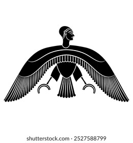 Ba soul. Ancient Egyptian mythology. Fantastic winged man. Bird with human head. Black and white silhouette.