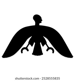 Ba soul. Ancient Egyptian mythology. Fantastic winged man. Bird with human head. Black silhouette on white background.