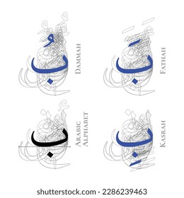 BA Vector Isolated Fathah Kasrah Dammah Vowel Arabic Alphabet Type Character Letters Script Naskh Nuqta Form Hamzah Outline Shadow Structure Overlap Background Line Path Blue Black White Gray Art