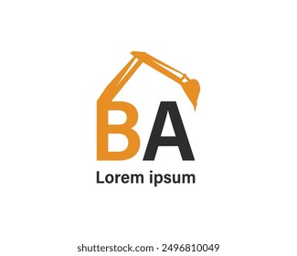 BA Vector Logo Design Template with Excavator Construction in Black and Orange