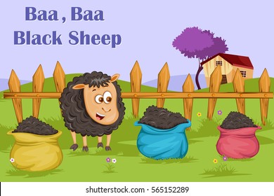 Baa Baa Black Sheep, Kids English Nursery Rhymes Book Illustration In Vector