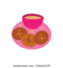 Baati of baffia hard Indian round bread with with hot dal soup. Simple hand drawn doodle. Childish drawing. Indian food