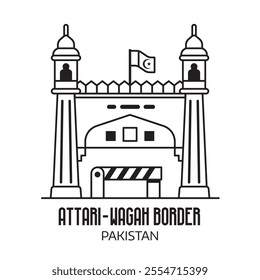 Bab e Azadi Wagah Border gates icon. Pakistan landmark of Lahore in line art.