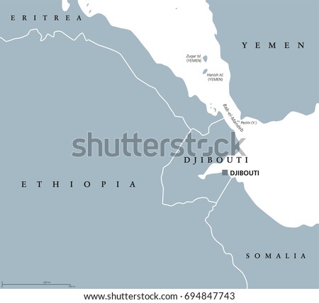 Bab el Mandeb Strait region political map. English labeling. Connects Red Sea and Gulf of Aden between Yemen on Arabian Peninsula and Djibouti and Eritrea in Horn of Africa. Gray illustration. Vector.