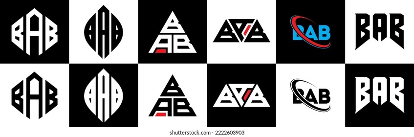 BAB letter logo design in six style. BAB polygon, circle, triangle, hexagon, flat and simple style with black and white color variation letter logo set in one artboard. BAB minimalist and classic logo