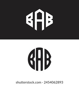 BAB letter logo design in six style. BAB polygon, circle, triangle, hexagon, flat and simple style with black and white color variation letter logo set in one artboard. BAB minimalist and classic logo