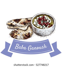 Baba Ganoush colorful illustration. Vector illustration of israeli cuisine.