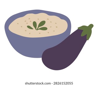 Baba ganoush eggplant dip served in a bowl with a whole eggplant.