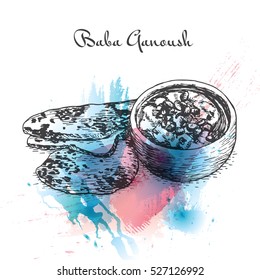 Baba Ganoush watercolor effect illustration. Vector illustration of Israeli cuisine.