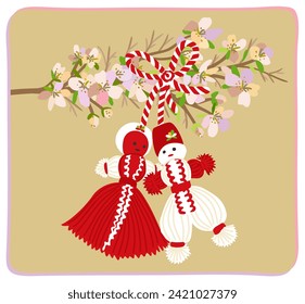 Baba Marta Day. Bulgarian holiday. Match 1. Martenitsa sign on blooming branch.