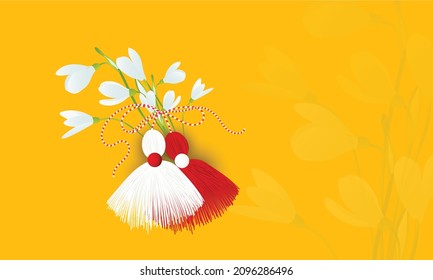 Baba Marta Day, Grandma Marta Day Is A Holiday Celebrated In Bulgaria, On March 1,Bulgarian Martenitsa Spring Sign On Green Red Background
