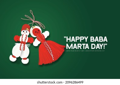 Baba Marta Day, Grandma Marta Day Is A Holiday Celebrated In Bulgaria, On March 1,Bulgarian Martenitsa Spring Sign On Green Red Background
