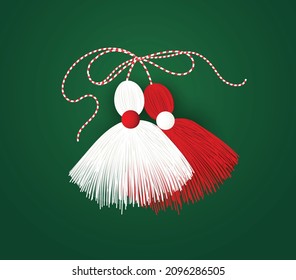 Baba Marta Day, Grandma Marta Day Is A Holiday Celebrated In Bulgaria, On March 1,Bulgarian Martenitsa Spring Sign On Green Red Background
