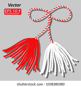 Baba Marta Day. Martenitsa, white and red strains of yarn, Bulgarian folklore tradition, welcoming the spring in March, adornment symbol, isolated on grey background vector illustration