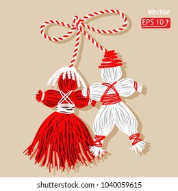 Baba Marta Day. Martenitsa, white and red strains of yarn, Bulgarian folklore tradition, welcoming the spring in March, adornment symbol,two dolls, a male and a female,  vector illustration