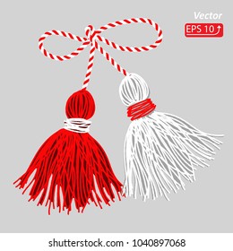 Baba Marta Day. Martenitsa, white and red strains of yarn, Bulgarian folklore tradition, welcoming the spring in March, adornment symbol, isolated on grey background vector illustration