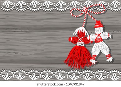 Baba Marta Day. Martenitsa, white and red strains of yarn, Bulgarian folklore tradition, welcoming the spring in March, adornment symbol,two dolls, a male and a female, vector illustration