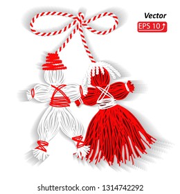 Baba Marta Day. Martenitsa, white and red strains of yarn, Bulgarian folklore tradition, welcoming the spring in March, adornment symbol,two dolls, a male and a female, vector illustration