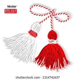 Baba Marta Day. Martenitsa, white and red strains of yarn, Bulgarian folklore tradition, welcoming the spring in March, adornment symbol, isolated on white  background vector illustration