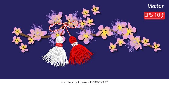 Baba Marta Day. Martenitsa, white and red yarn, Bulgarian folklore tradition,  symbol dollsl, on blossom branch,  isolated on blue background vector illustration