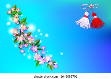 Baba Marta Day. Martenitsa, white and red yarn, Bulgarian folklore tradition, symbol dollsl, on blossom branch, isolated on blue background vector illustration