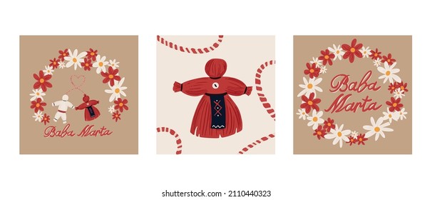 Baba Marta Day. Martenitsa, white and red strains of yarn, Bulgarian folklore tradition, welcoming the spring in March, adornment symbol, isolated on grey background vector illustration