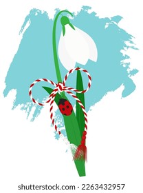 Baba Marta Day. Red and White spring symbol. The Martisor holiday. Floral spring background, postcard. 