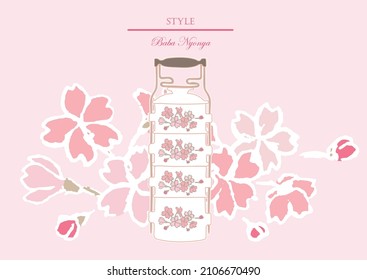 Baba Nyonya style oriental crockery. Flower pattern in Spring. Vector. Illustration.