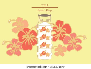 Baba Nyonya style oriental crockery. Flower pattern in Summer. Vector. Illustration.