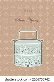 Baba Nyonya style oriental crockery 2 tier. Leaves pattern in diffrent green colors. Vector. Illustration.