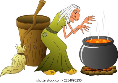 Baba Yaga brews a witch's potion in a cauldron